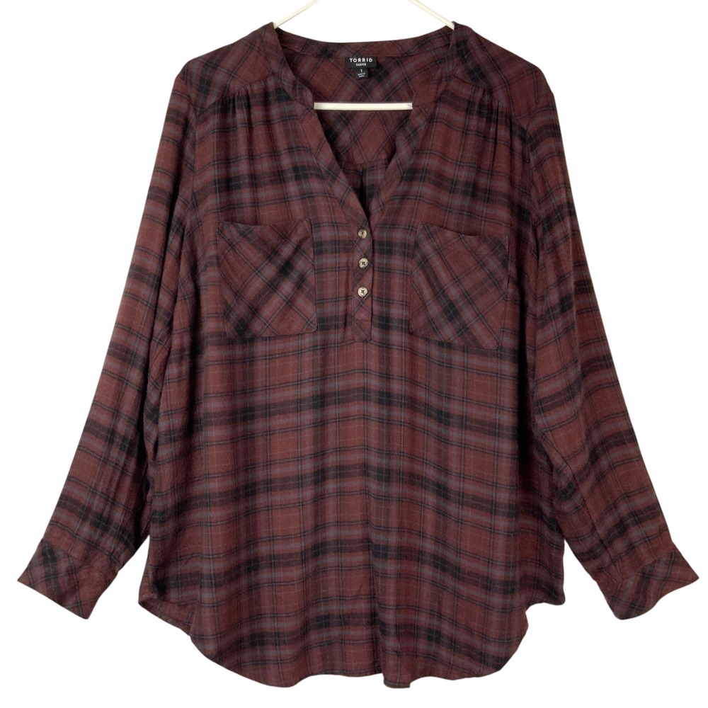 Torrid Harper Burgundy Plaid Blouse 1X Partial Button V-Neck Long Sleeve Pocket